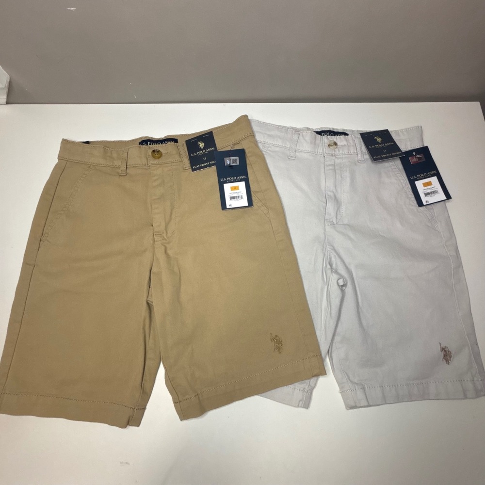NWT US Polo Assn Boys Hartford Twill Shorts 2 Pack Khaki Grey Size 12